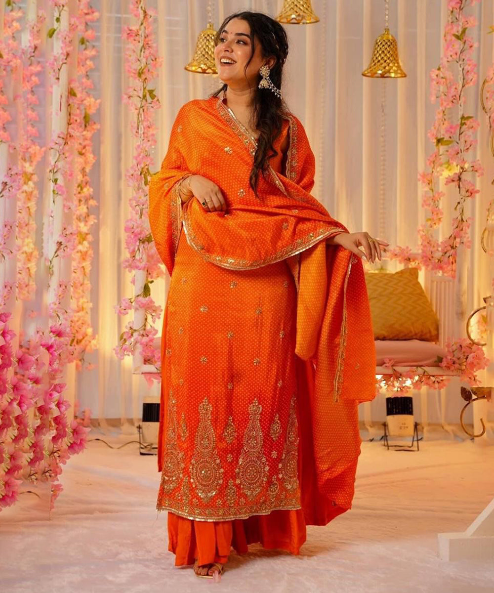 Orange Chinon Embroidered Salwar Set