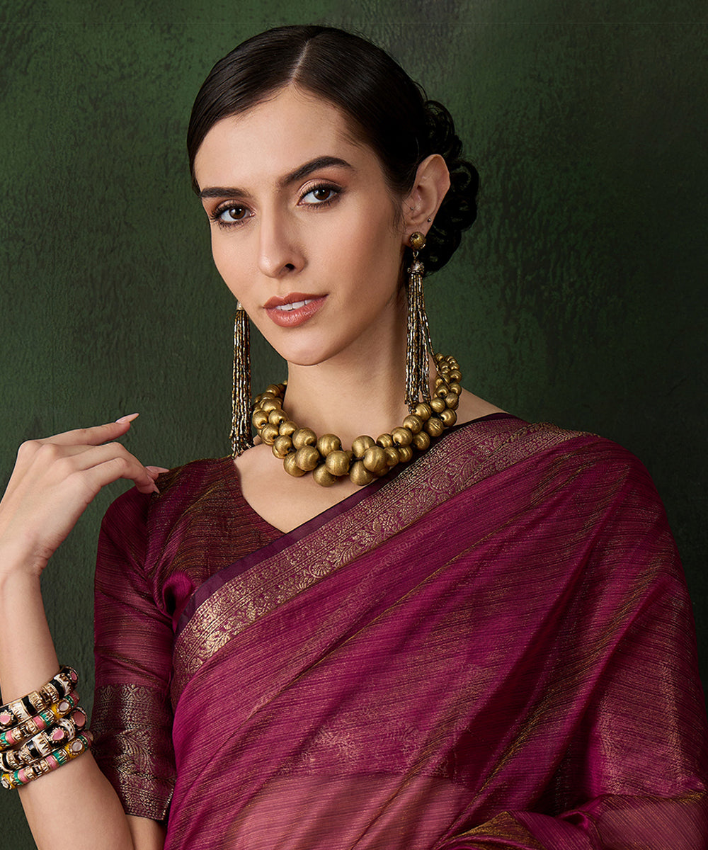 Plum Cotton Silk Saree with Ornate Gold Zari Border