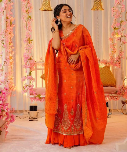 Orange Chinon Embroidered Salwar Set