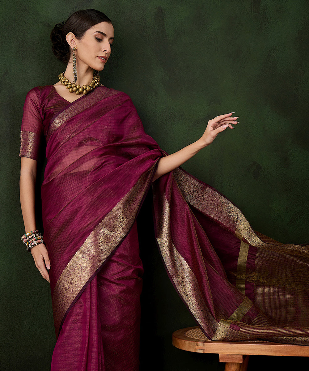 Plum Cotton Silk Saree with Ornate Gold Zari Border