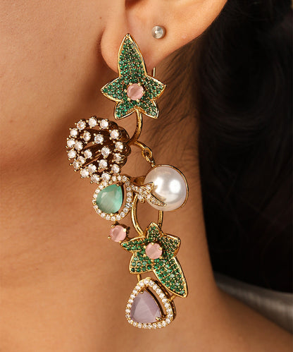 Floral Inspired Statement Necklace with Green and Pink Stones and Matching Earrings