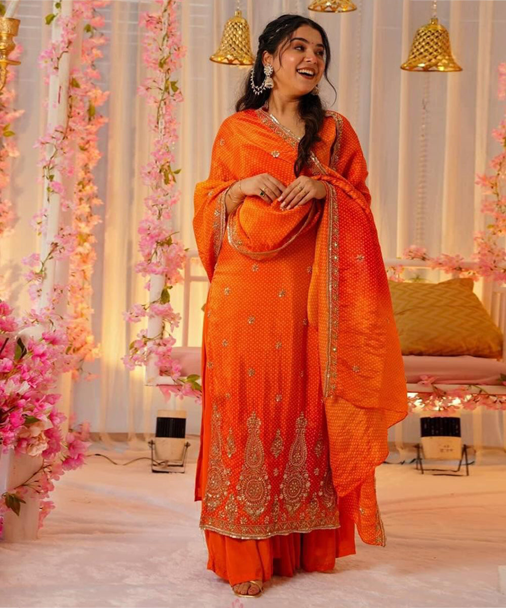 Orange Chinon Embroidered Salwar Set