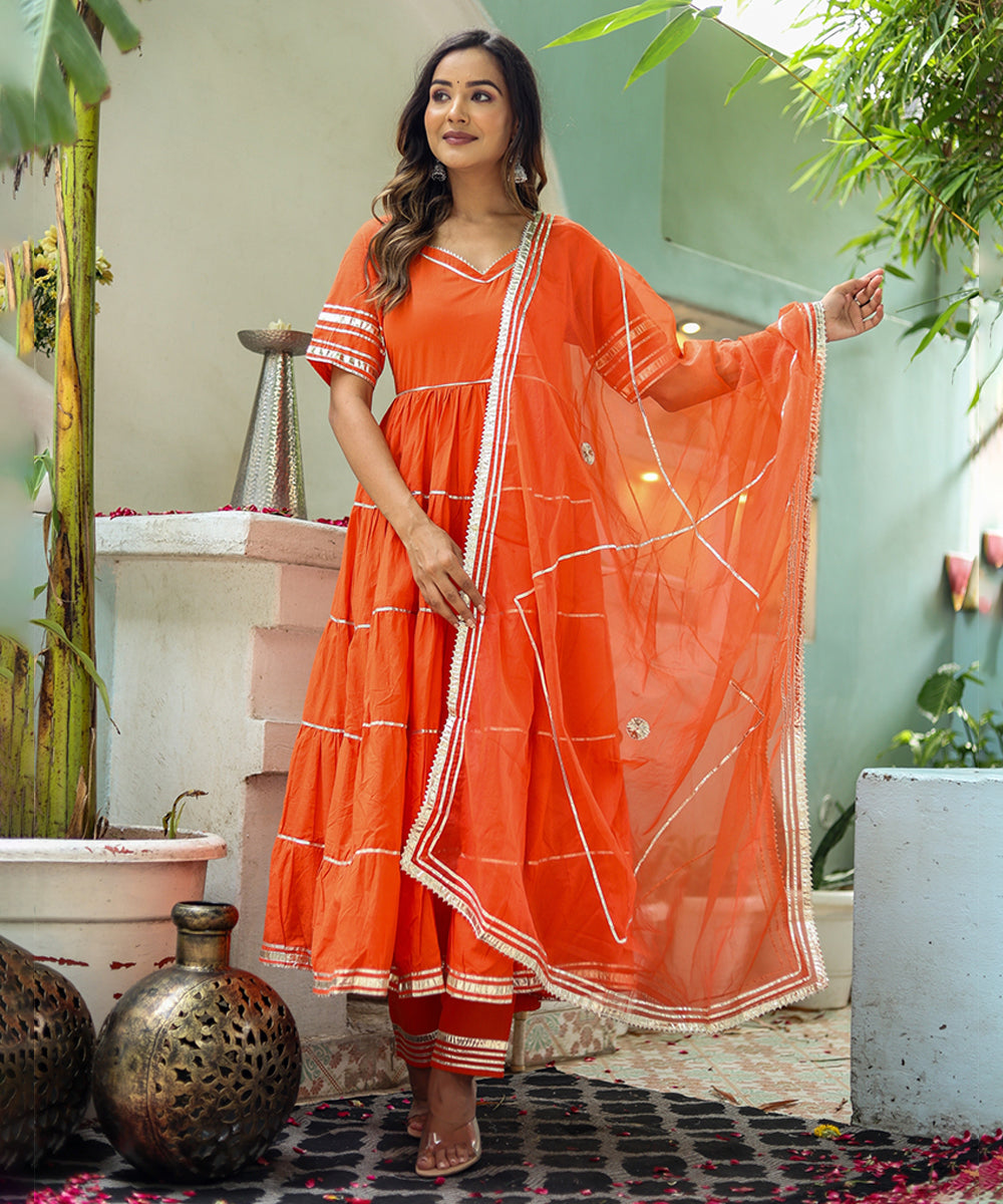 Orange Cotton Anarkali with Bottom & Dupatta