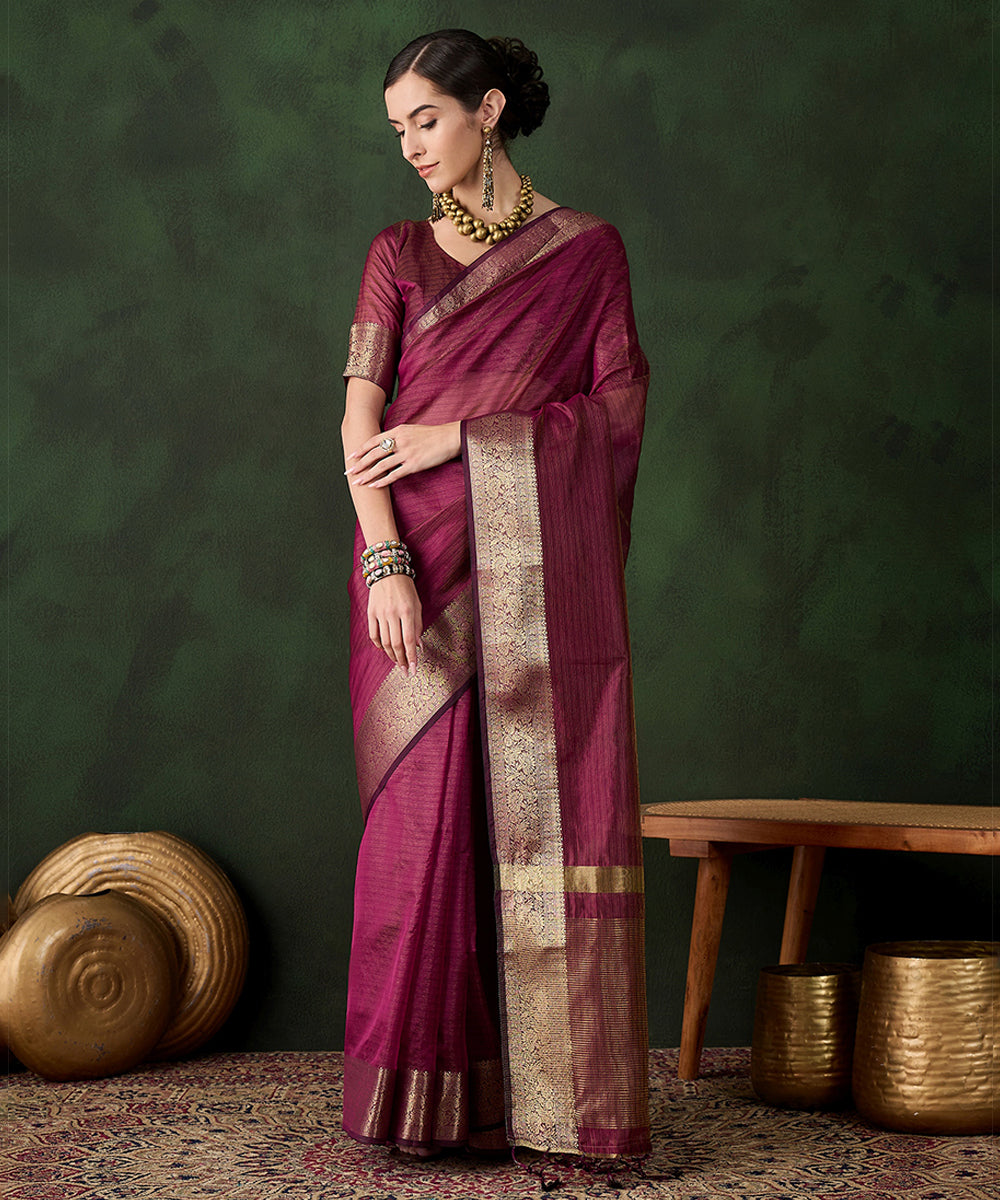 Plum Cotton Silk Saree with Ornate Gold Zari Border