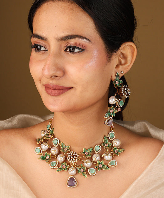Floral Inspired Statement Necklace with Green and Pink Stones and Matching Earrings