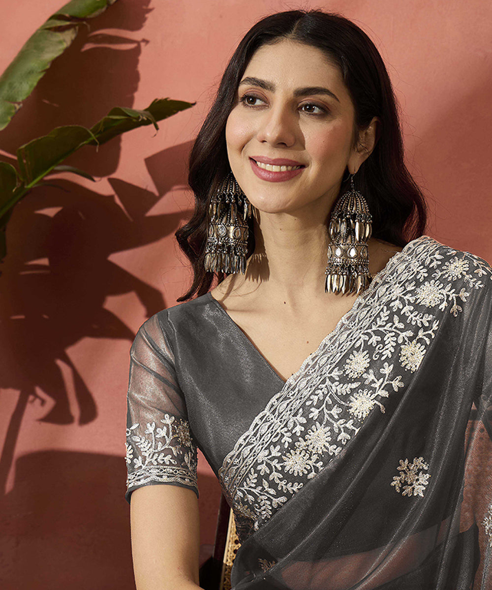 Grey Elegance Net Saree with Delicate Embroidery