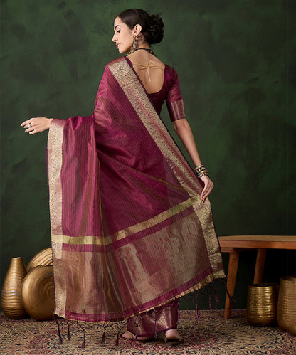 Plum Cotton Silk Saree with Ornate Gold Zari Border