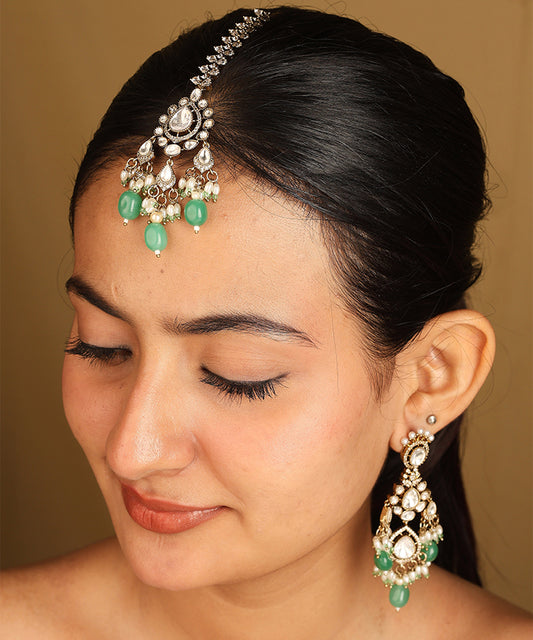American Diamond Necklace Set with Green Stone Accents