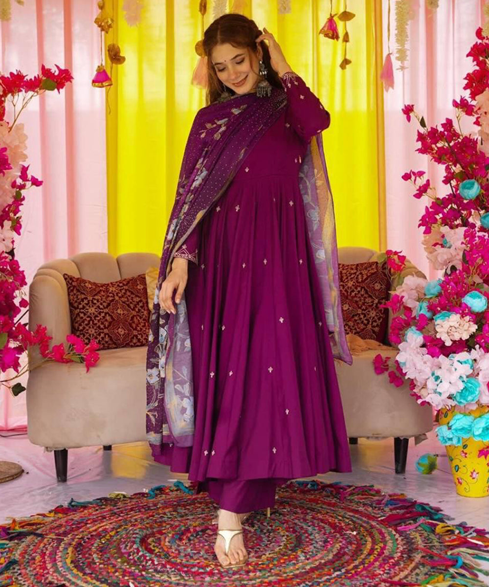 Purple Chinon Anarkali with Bottom & Dupatta