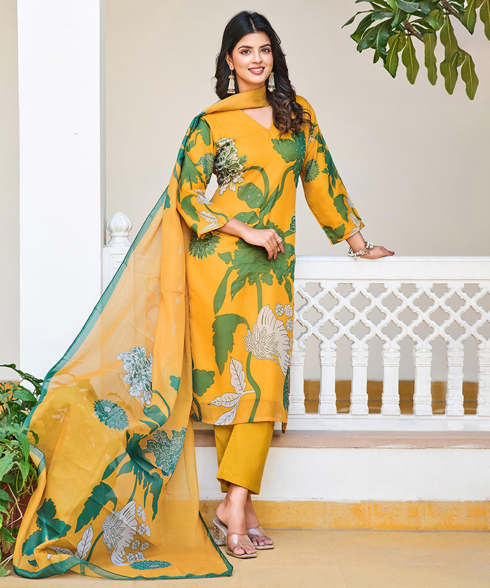 Organza Silk Fabric Work Straight Cut Kurta, Pant, and Dupatta Set