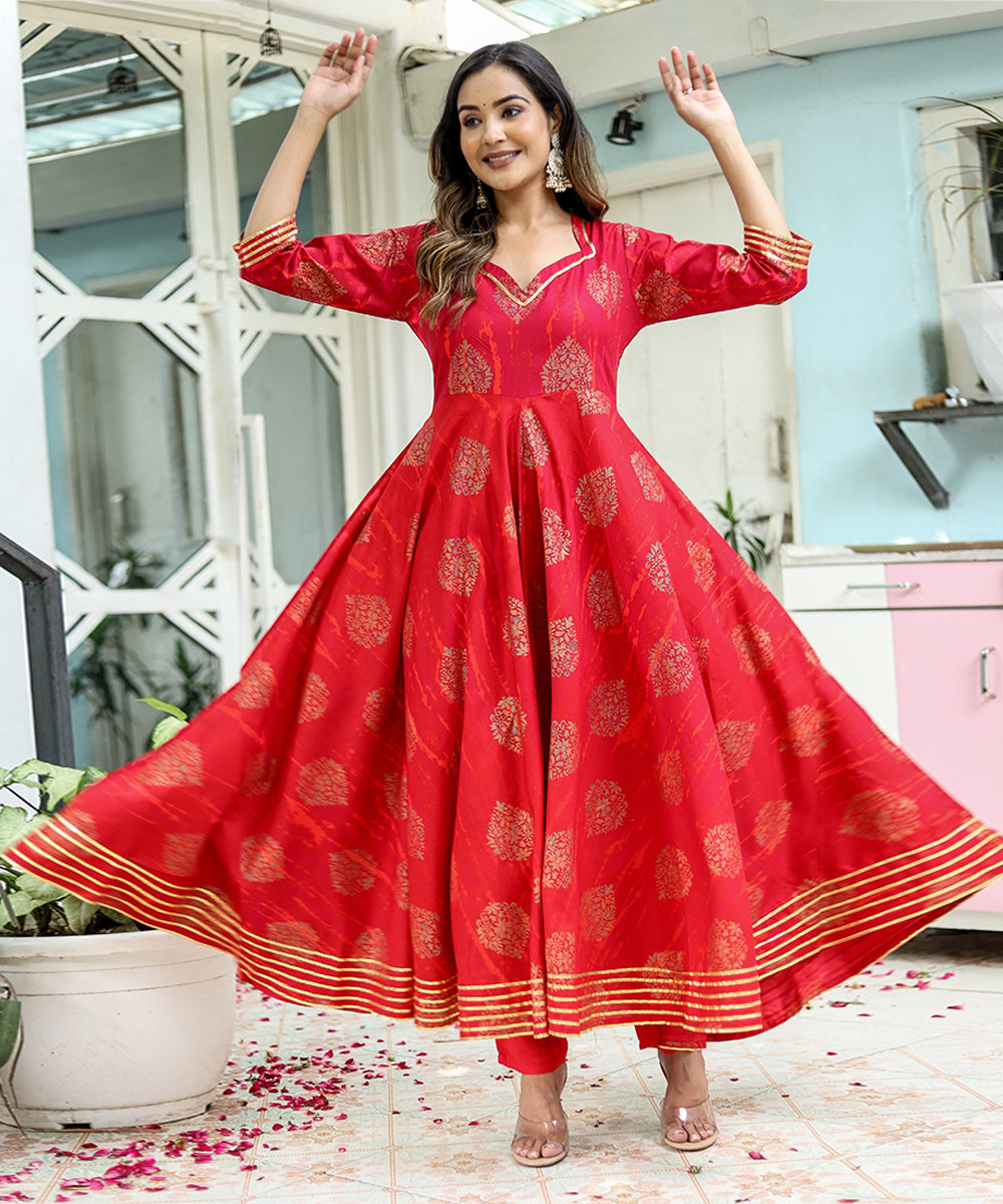 Red Cotton Printed Anarkali with Bottom