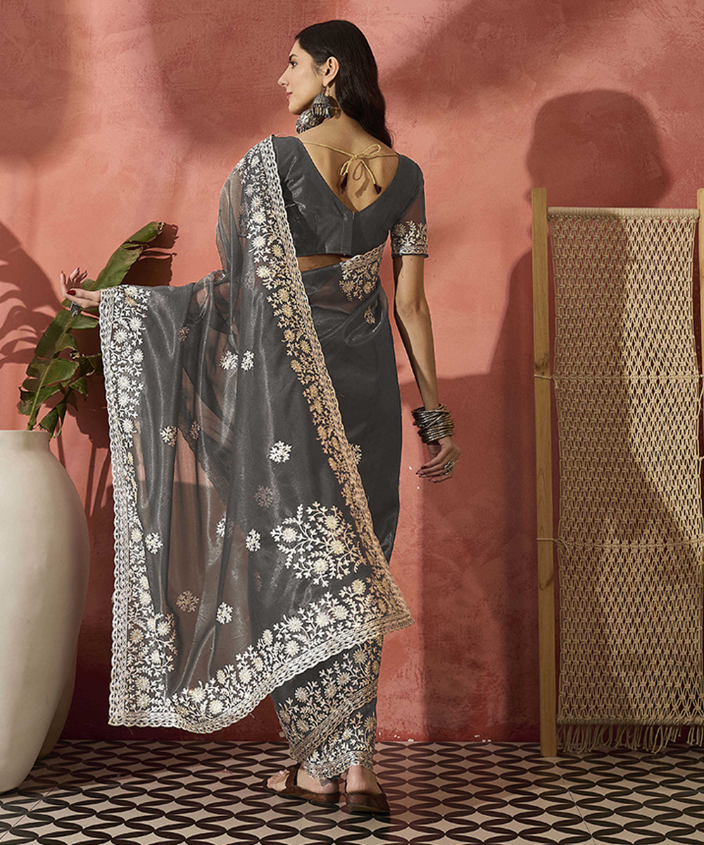 Grey Elegance Net Saree with Delicate Embroidery