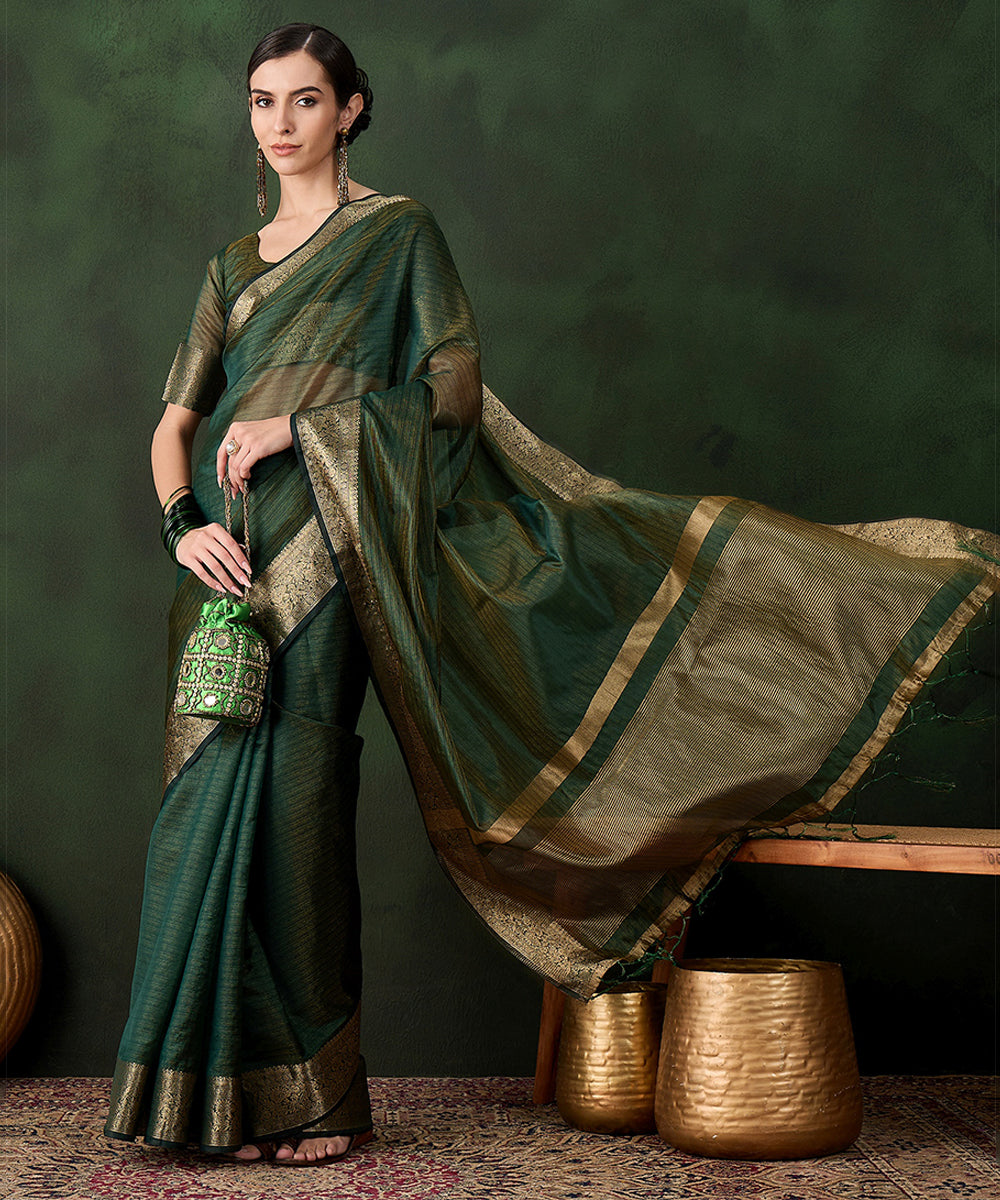 Emerald Green Cotton Silk Saree with a Classic Gold Zari Border