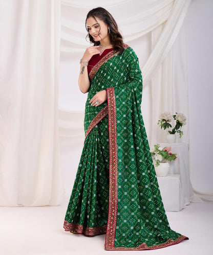 Emerald Elegance Bandhani Print Art Silk Saree with Embroidered Border