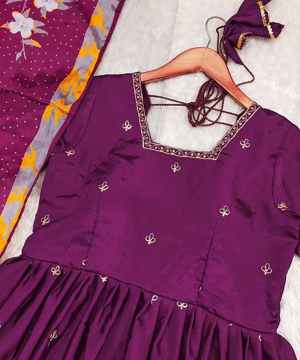 Purple Chinon Anarkali with Bottom & Dupatta