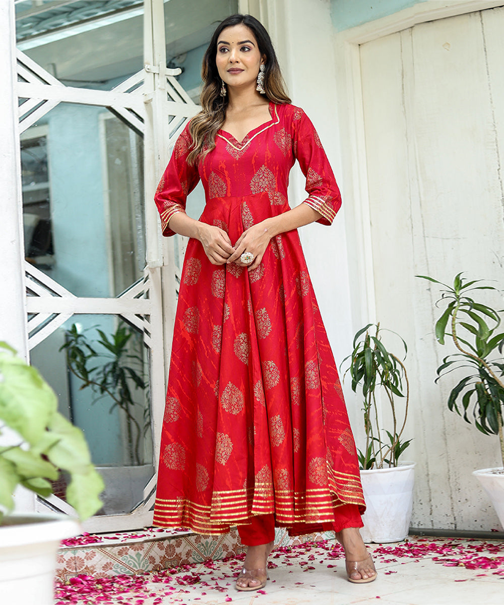 Red Cotton Printed Anarkali with Bottom