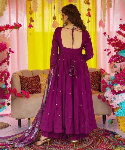 Purple Chinon Anarkali with Bottom & Dupatta