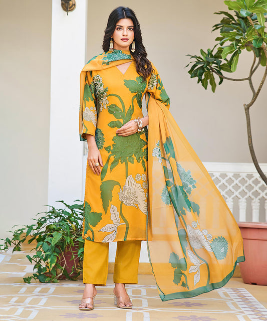 Organza Silk Fabric Work Straight Cut Kurta, Pant, and Dupatta Set