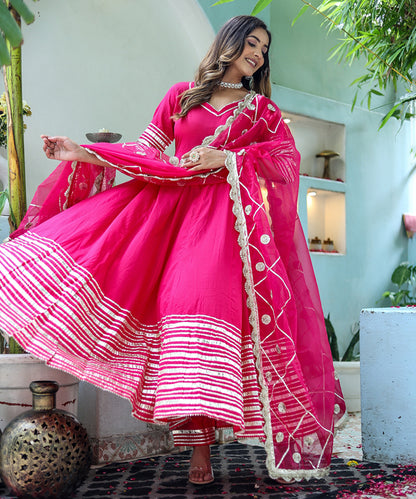 Pink Cotton Anarkali with Bottom and Dupatta