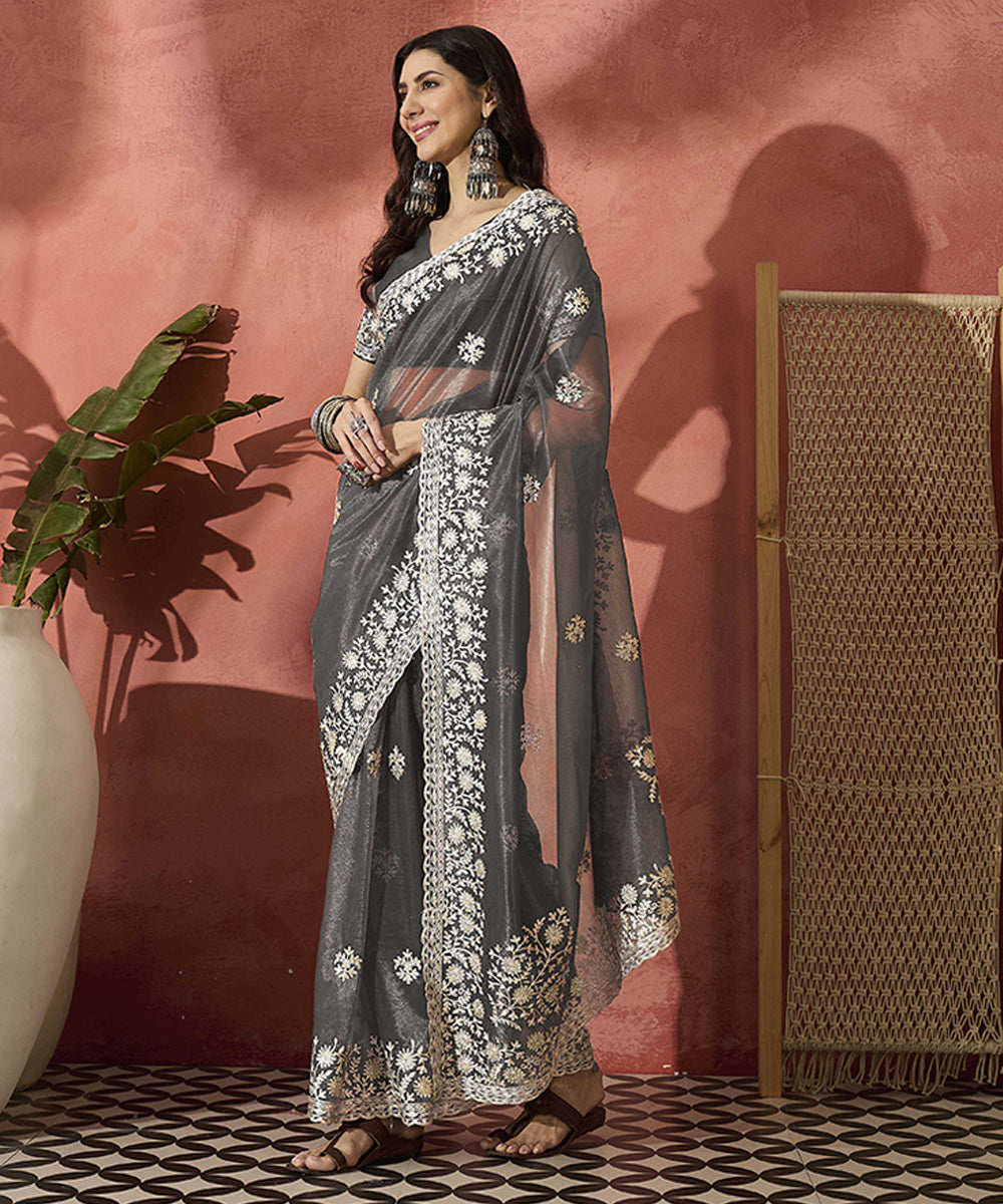 Grey Elegance Net Saree with Delicate Embroidery