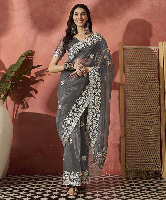 Grey Elegance Net Saree with Delicate Embroidery