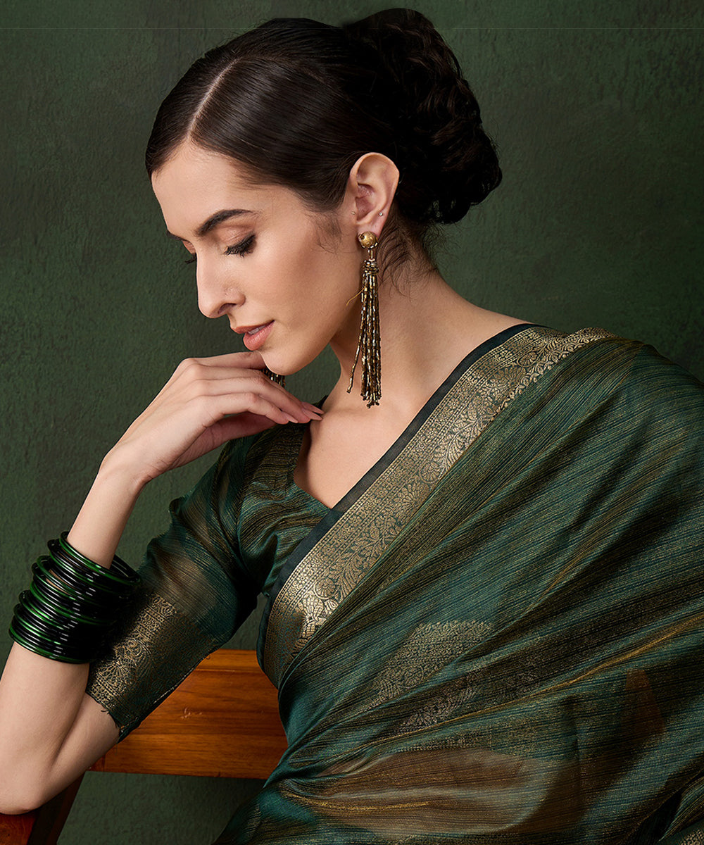 Emerald Green Cotton Silk Saree with a Classic Gold Zari Border