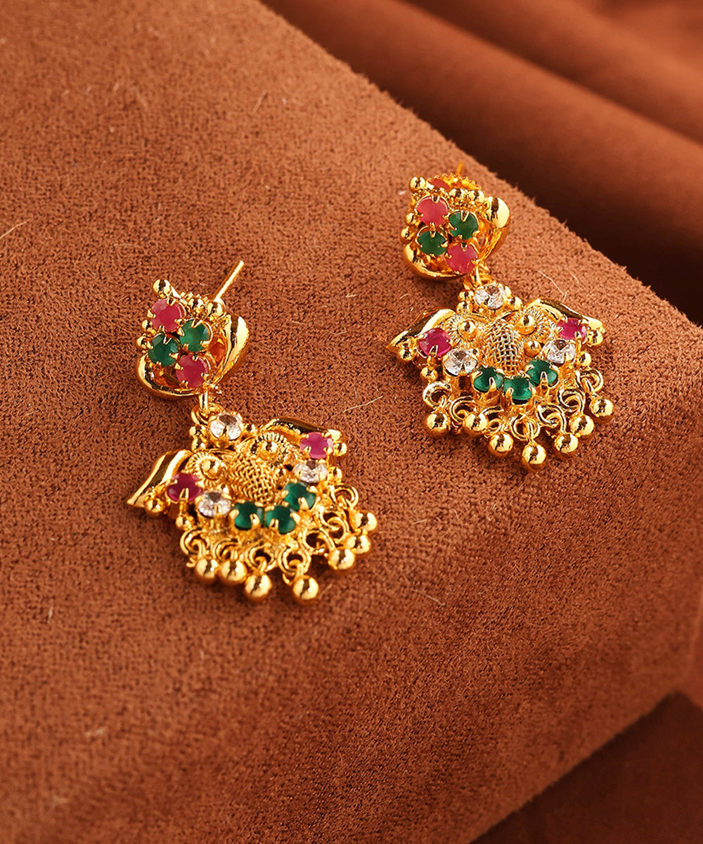 Gold Necklace with Multi Colour Stones and Center Pendant