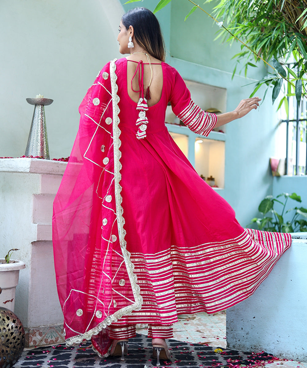 Pink Cotton Anarkali with Bottom and Dupatta