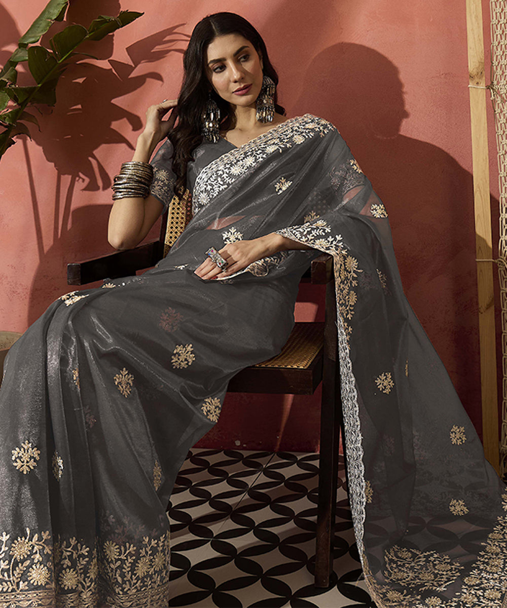 Grey Elegance Net Saree with Delicate Embroidery