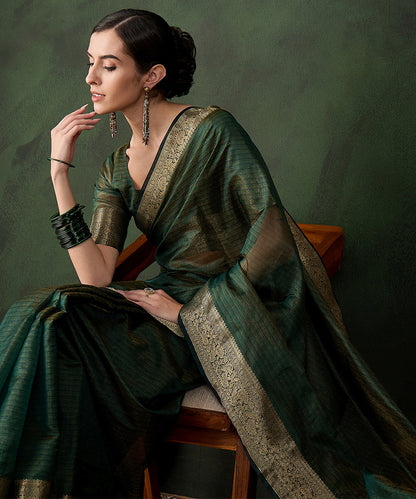 Emerald Green Cotton Silk Saree with a Classic Gold Zari Border