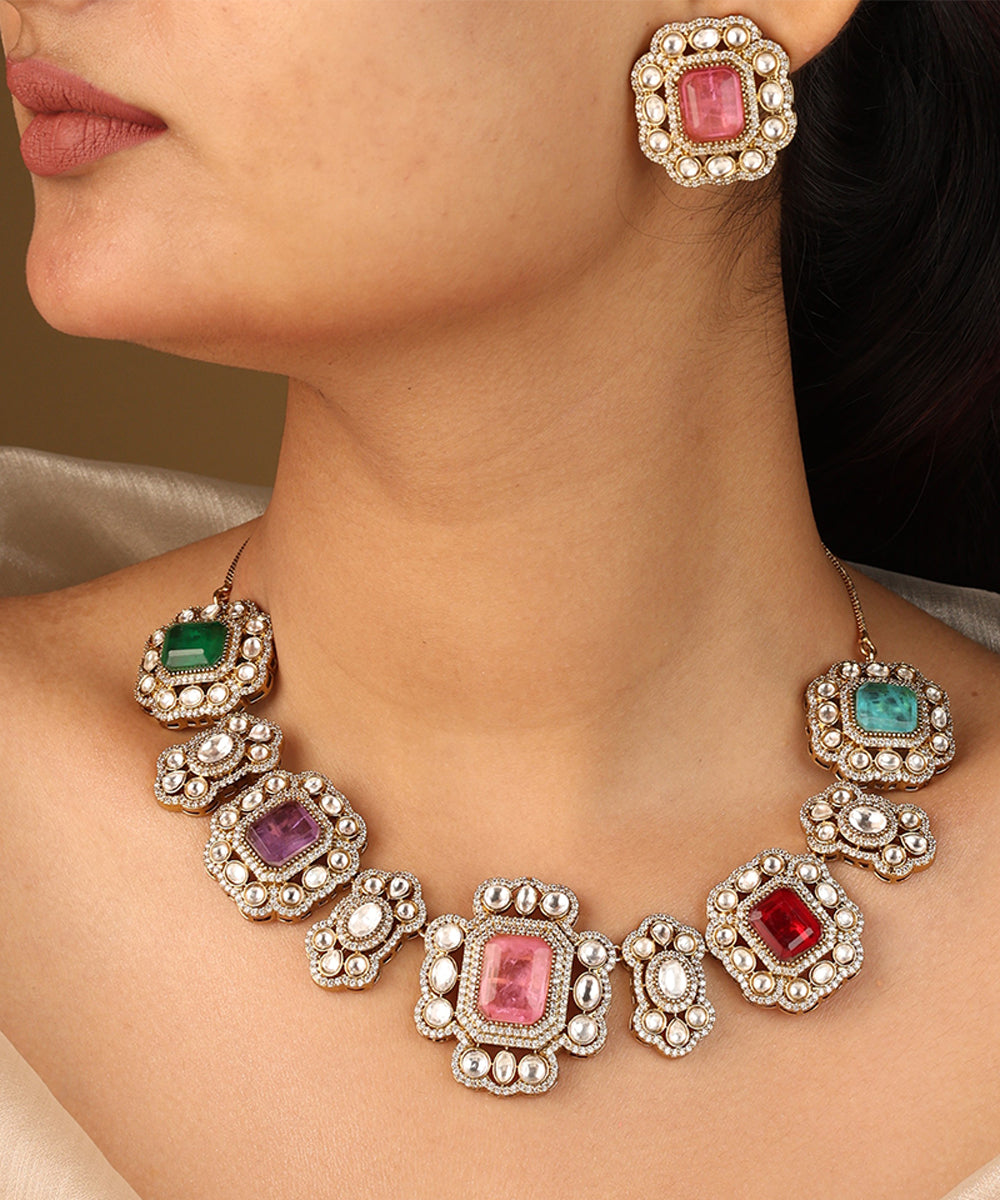Colourful Harmony Necklace Set with Square Stones and Elegant Accents