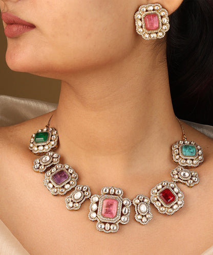 Colourful Harmony Necklace Set with Square Stones and Elegant Accents