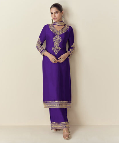 Purple Chinon Embroidered Salwar Kameez & Dupatta Set