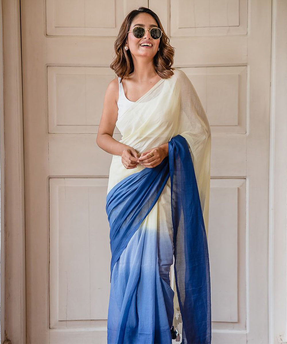 Ocean Mist Ombre Cotton Saree with a Flowing Gradient Effect