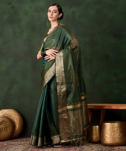 Emerald Green Cotton Silk Saree with a Classic Gold Zari Border