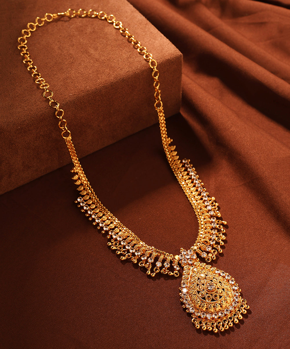 Gold Necklace Set with American Diamond Accents and Teardrop Pendant