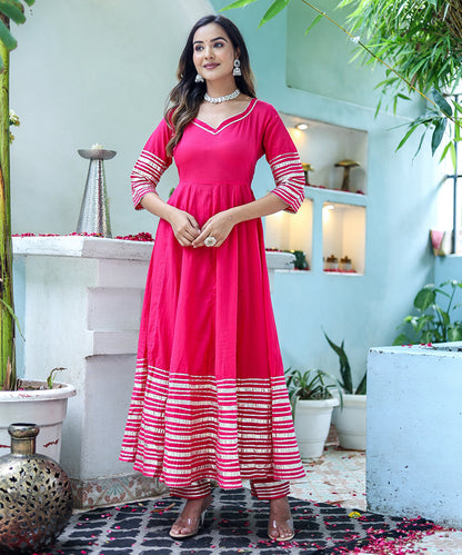 Pink Cotton Anarkali with Bottom and Dupatta