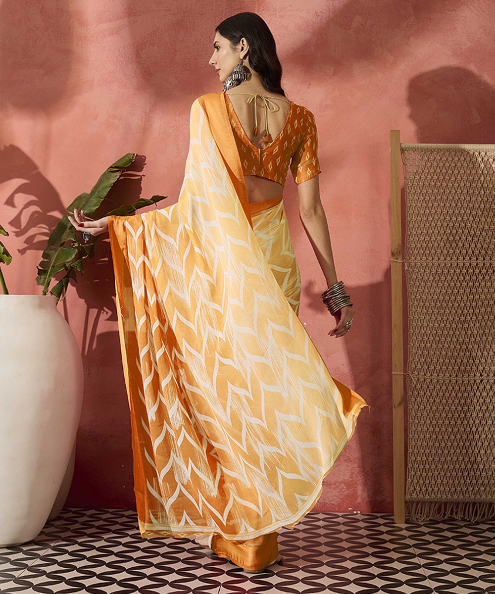 Radiant Orange Ombre Printed Satin Saree with a Lustrous Appeal