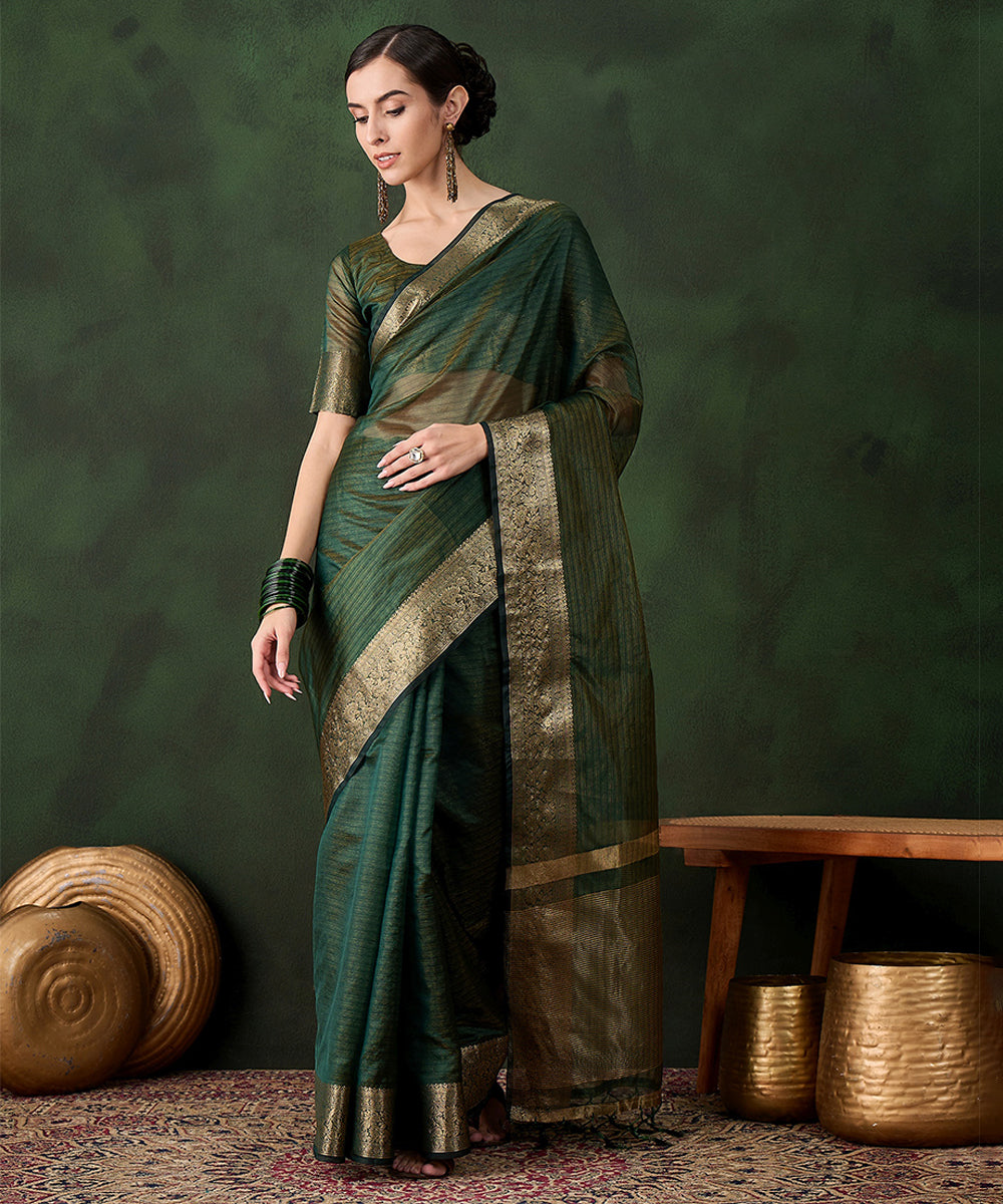 Emerald Green Cotton Silk Saree with a Classic Gold Zari Border