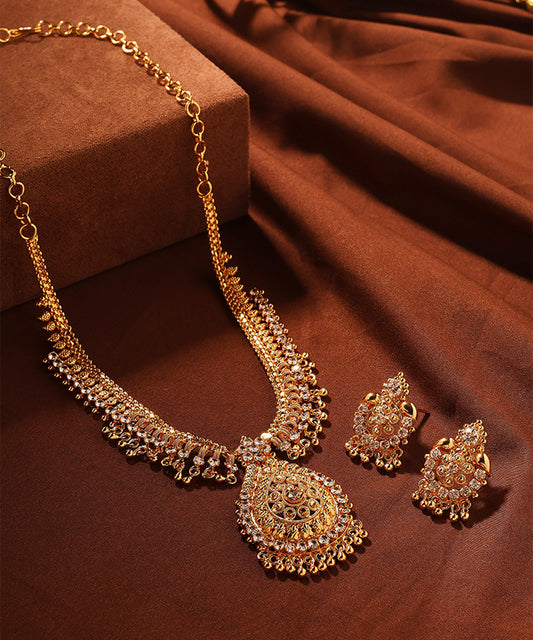 Gold Necklace Set with American Diamond Accents and Teardrop Pendant