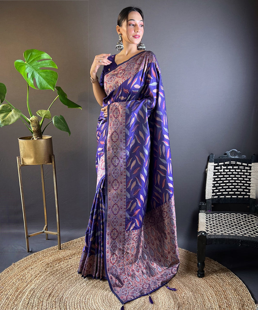 Women's Leaf Woven Saree with a Contrast Border