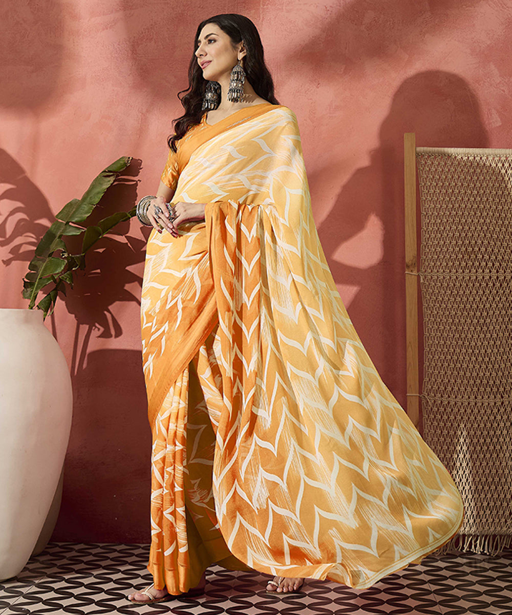 Radiant Orange Ombre Printed Satin Saree with a Lustrous Appeal