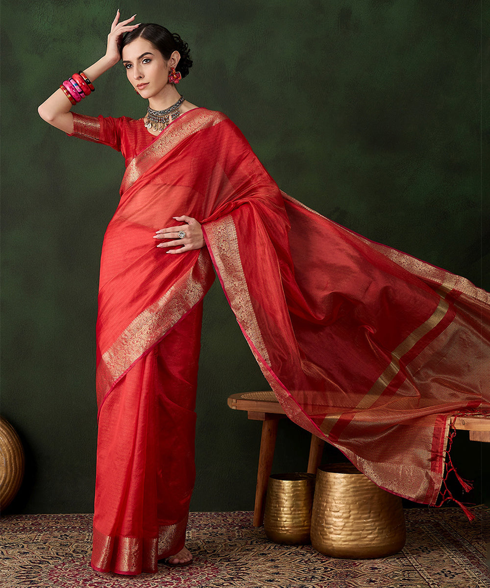 Scarlet Red Cotton Silk Saree with Intricate Zari Border