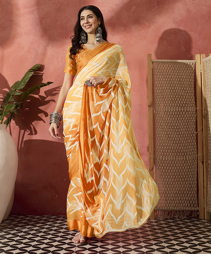 Radiant Orange Ombre Printed Satin Saree with a Lustrous Appeal