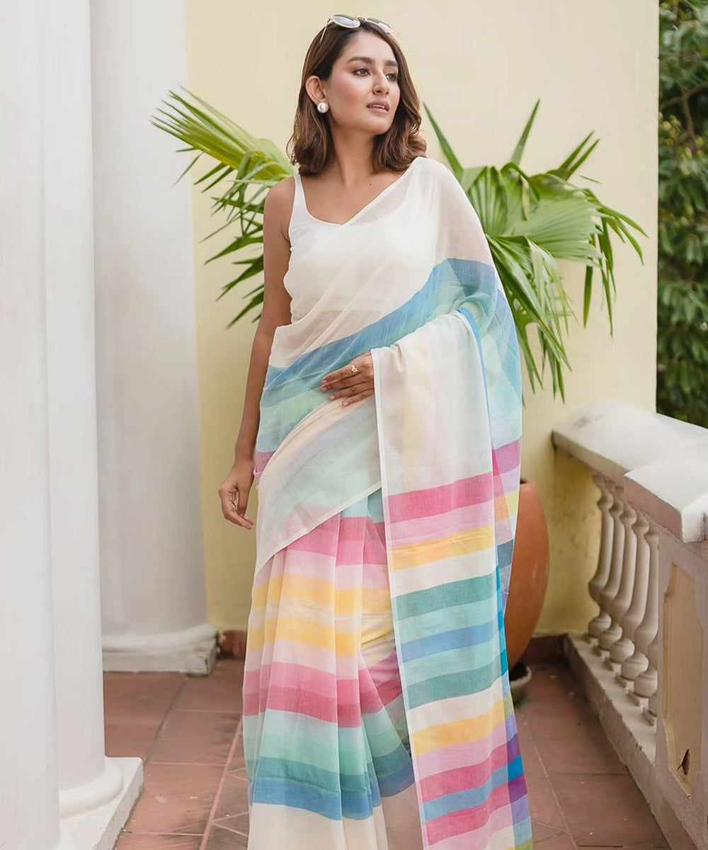 Multicolor Pastel Striped Cotton Saree with Soft Textures