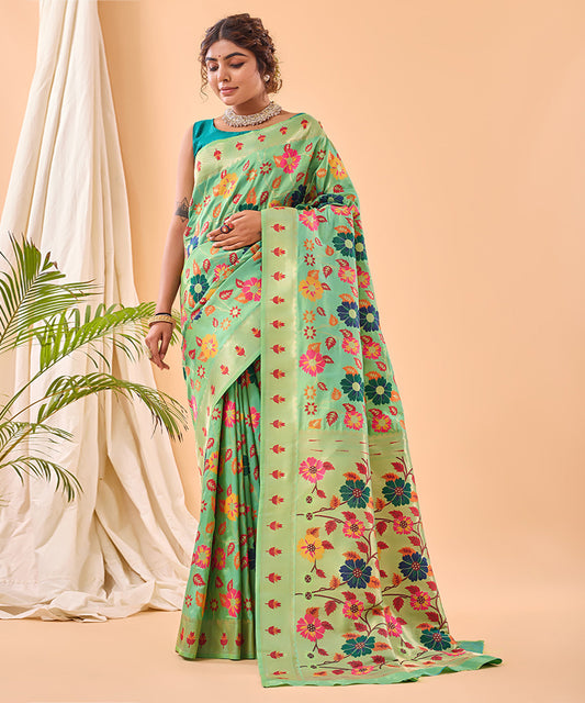 Blooming Green Floral Weave Art Silk Saree with Elegant Patterns