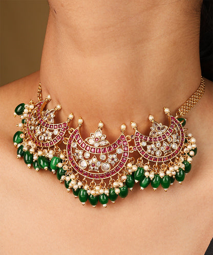 Moon Shaped Pendant Necklace with Dark Green Jhumkis and Matching Earrings