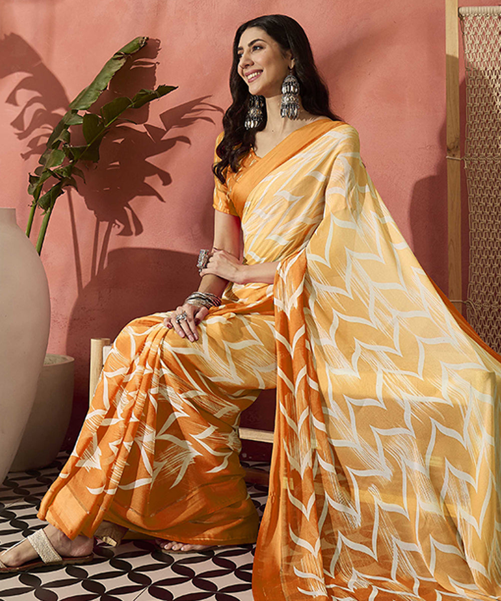 Radiant Orange Ombre Printed Satin Saree with a Lustrous Appeal