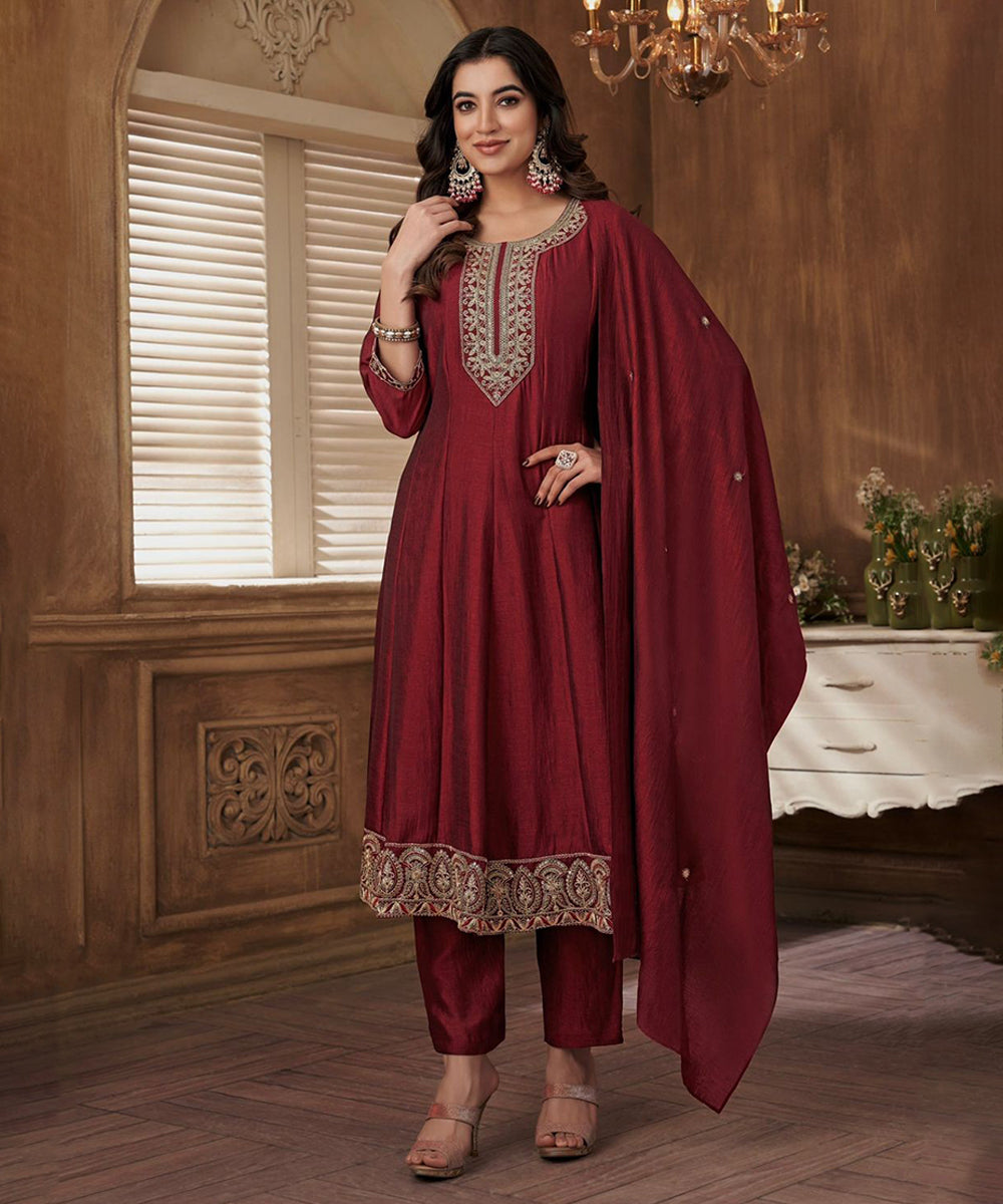 Maroon Silk Blend Salwar Kameez & Dupatta Set