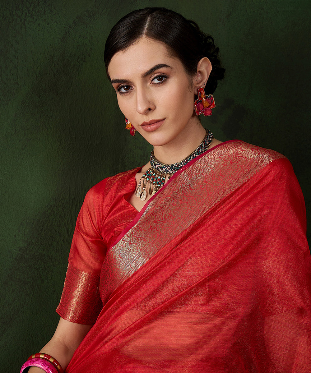 Scarlet Red Cotton Silk Saree with Intricate Zari Border